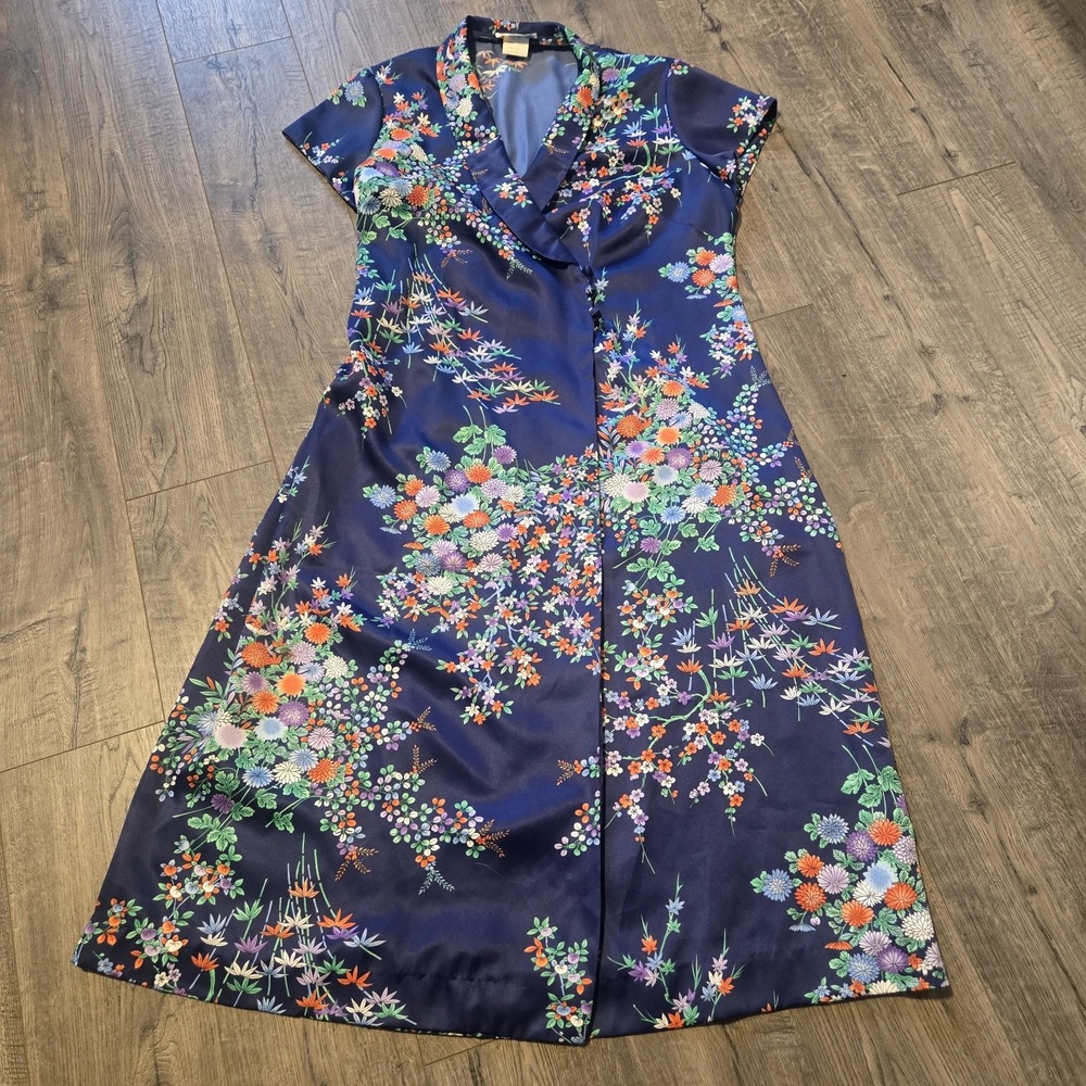 Vintage Andrade Hawaiian Polynesian Dress Honolulu Blue Floral Dress Women Sz 14